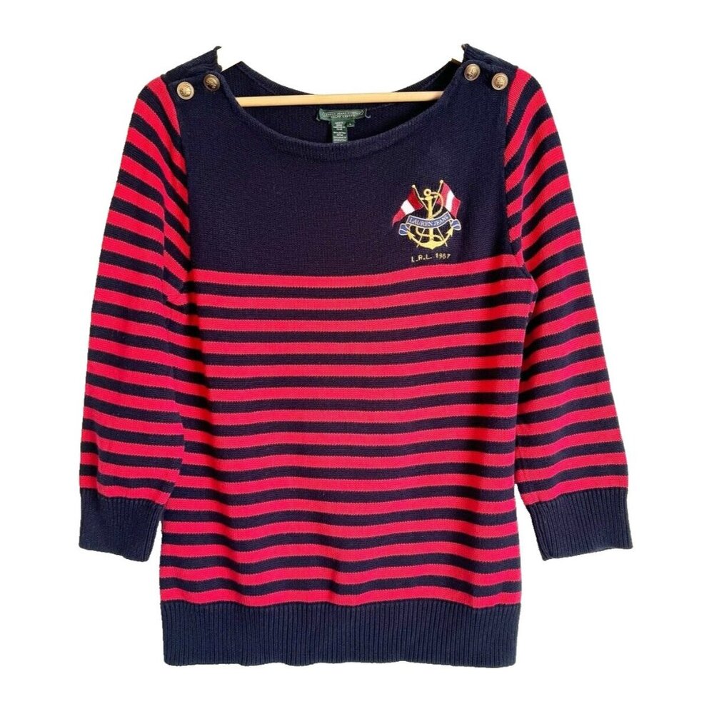 VTG Lauren Ralph Lauren Nautical Crest 3/4 Sleeve Stripe Sweater Women’s Large